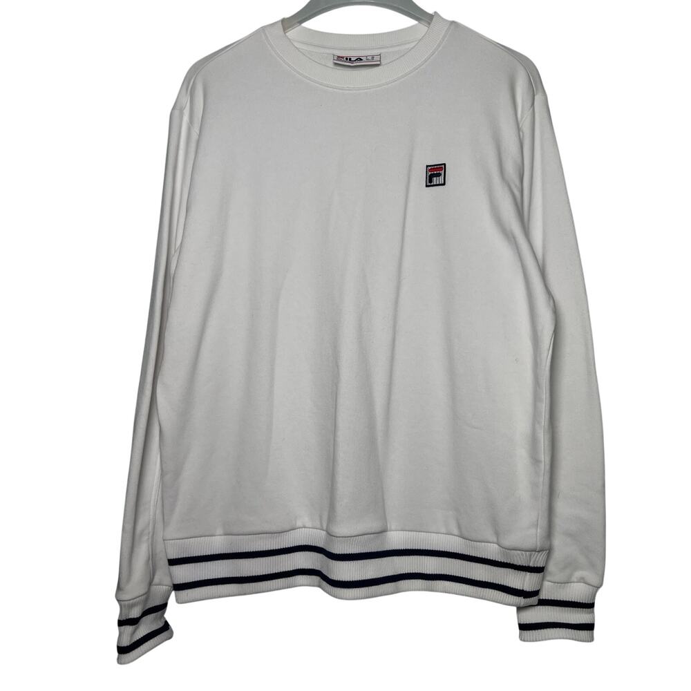 Fila Logo Sweatshirt Size XL French Terry White Navy Stripe Rib Knit Preppy